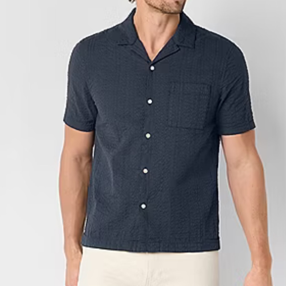 NWT mutual weave Mens Short Sleeve Camp Shirt Navy Blue, 100% cotton, size small
